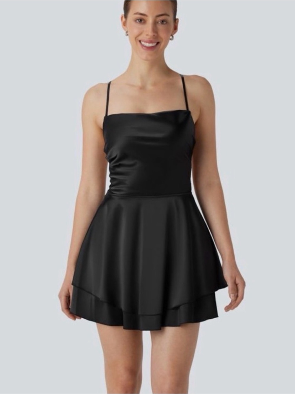 HALARA Black Satin Mini Dress, Strappy Back